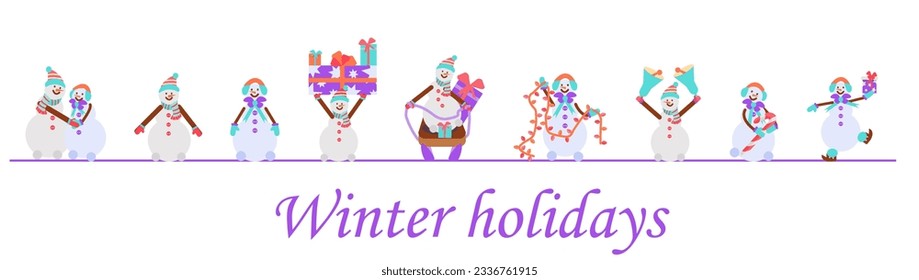 Set of winter holidays snowman. Cute snowmen in love are sledding and skating, untangling garlands, giving gifts, ringing a bell. Vintage Christmas poster. Vector illustration in a flat cartoon style
