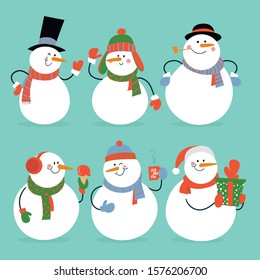 Set of winter holidays snowman in different costumes