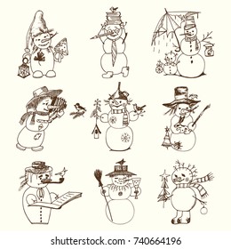 Set of winter holidays snowman in different costumes. photographer and artist with gifts. engraved hand drawn in old sketch and vintage style for label and postcards. Christmas or New Year decorations