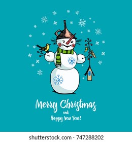 Set of winter holidays snowman in different costumes. photographer and artist with gifts. engraved hand drawn in old sketch and vintage style for label and postcards. Christmas or New Year decorations