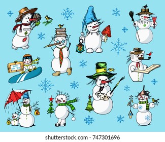 Set of winter holidays snowman in different costumes. photographer and artist with gifts. engraved hand drawn in old sketch and vintage style for label and postcards. Christmas or New Year decorations