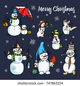Set of winter holidays snowman in different costumes. photographer and artist with gifts. engraved hand drawn in old sketch and vintage style for label and postcards. Christmas or New Year decorations