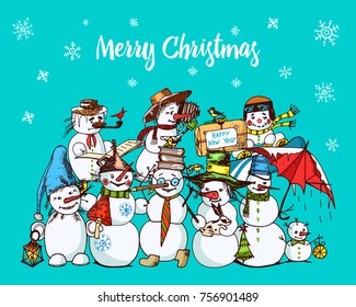 Set of winter holidays snowman in different costumes. photographer and artist with gifts. engraved hand drawn in old sketch and vintage style for label and postcards. Christmas or New Year decorations