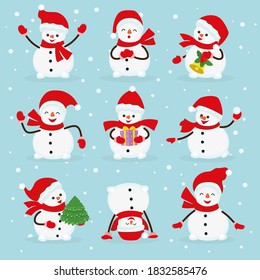 Set of winter holidays snowman. Merry Christmas vector illustration.