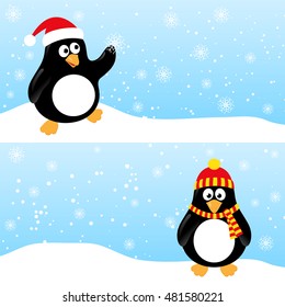 Set of winter horizontal banners with cute penguins in hats on snowflake background. Vector illustration for congratulation banner.