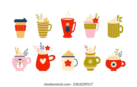 Set of winter hot drinks. Coffee, chocolate, marshmallow, cocoa. Christmas and New Year colorful mugs and cups. Retro vintage nostalgia.