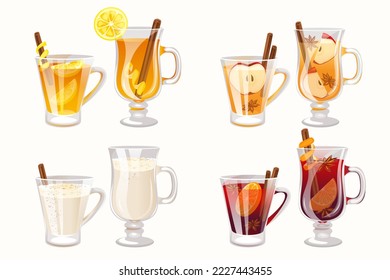 A set of winter hot drinks in mugs and glasses.Mulled wine, Tom and Jerry, apple punch, hot teddy.Christmas and New Year drinks.