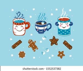 Set of Winter Hot Drinks and Sweets. Cozy Cute Mugs with Beverages Mulled Wine, Coffee or Tea, Cocoa and Gingerbread Cookies, Marshmallow. Winter Holidays, Christmas and New Year Vector Design