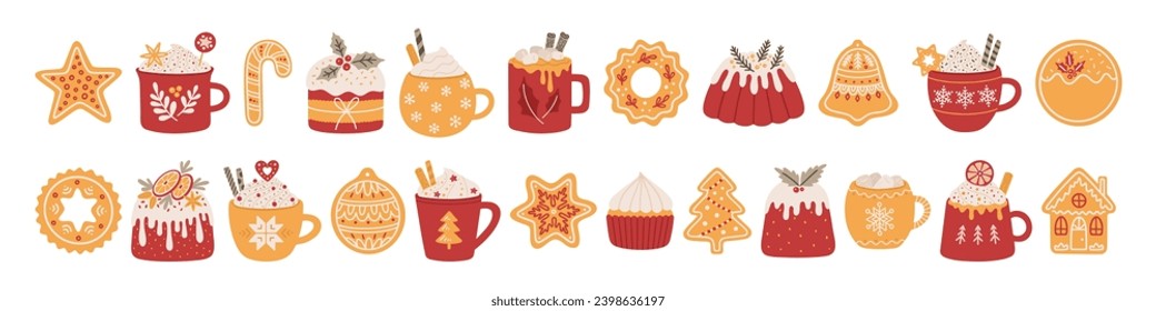Set of winter hot drinks with whipped cream in cute cups, Christmas fruit cakes, and holiday gingerbread cookies. Vector illustration of homemade sweet baking, holiday chocolate, coffee, or cocoa.