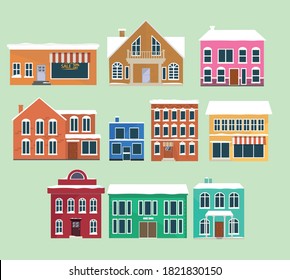 Set of winter houses, cartoon style. Vector.