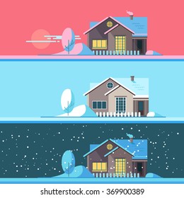 Set Winter House.Vector Flat Illustration Winter House Day, Evening, Night. Winter Landscape With Country House.Nature Landscape Illustration With 
Home, Snow, Sun, Tree. 