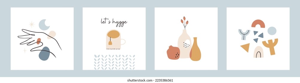 Conjunto de plantillas de tarjetas cuadradas temáticas de hígge invernal. Ilustraciones vectoriales dibujadas a mano en temporada de vacaciones.
