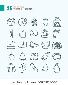 Set of Winter Icon Line Art Style. Cake, cold, snowboarding.