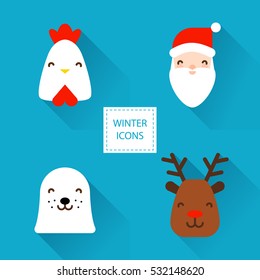 Set of winter icons with Christmas characters: rooster, Santa, sea calf and deer. Flat design. Vector illustration.