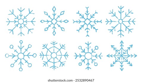 Set of winter icons with crayon, chalk or pastel texture. Blue snowflakes on a white background. Grunge vector illustration.