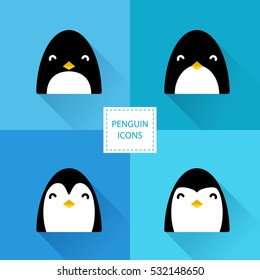 Set of winter icons with different penguins. Flat design. Vector illustration.
