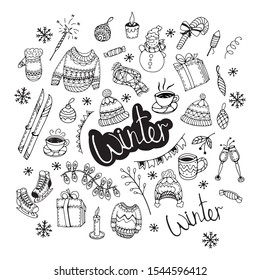Set of winter icons. Doodle vector illustration. Isolated on white background