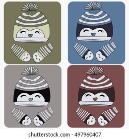 Set winter icons. Hat and mittens. With a cute penguin pattern.