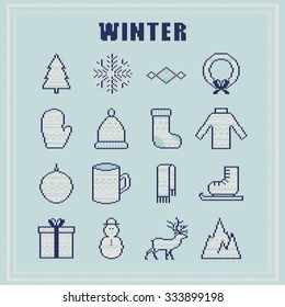 Set winter icons. Knitted texture with ornament. Vector illustration.