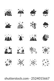 set of winter icons, winter landscape, snowfall, cold weather