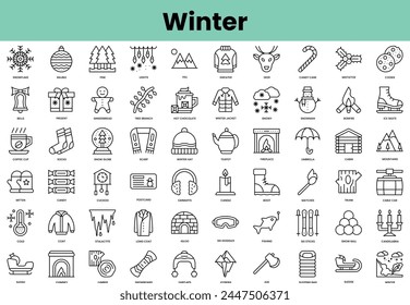 Set of winter icons. Linear style icon bundle. Vector Illustration