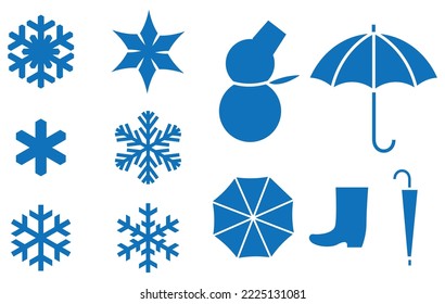 Juego de iconos de invierno copo de nieve, colección de paraguas vectoriales