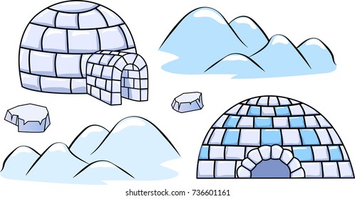 a set of winter igloo houses and ice floes Cartoon vector illustration