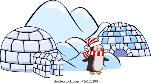 A set of winter igloo houses, penguin in red and white scarf and hat and ice floes Cartoon vector illustration