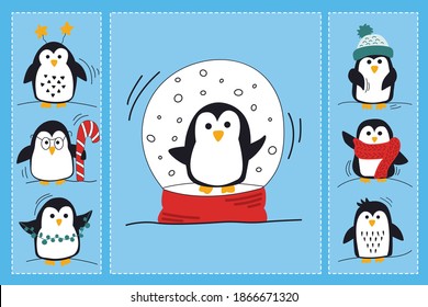 Set of winter illustrations with beautiful colored penguins. Children's pictures for games and printing. Hand-drawn illustration on a blue background.