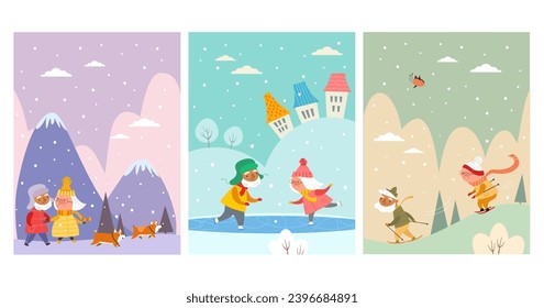 Set of winter illustrations of an elderly couple on vacation: elderly people skiing, skating and walking their dogs. Winter vector illustration.