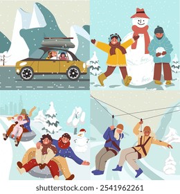 Set of winter illustrations, family leisure, activities, car trip, tubing, sculpt snowman, zip line, winter landscape, vacation, pr holiday mood, hand drawn vector illustration.