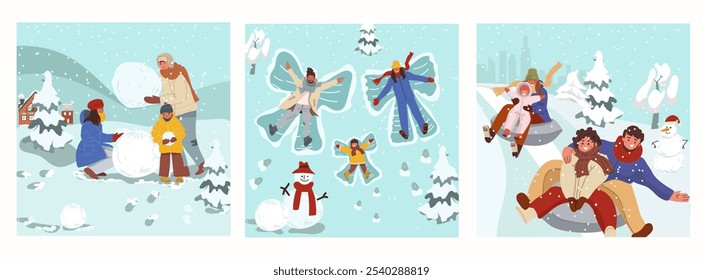 Set of winter illustrations, winter sports, activities, time with family. Hand drawn color flat vector illustration. Hand drawn vector illustration.