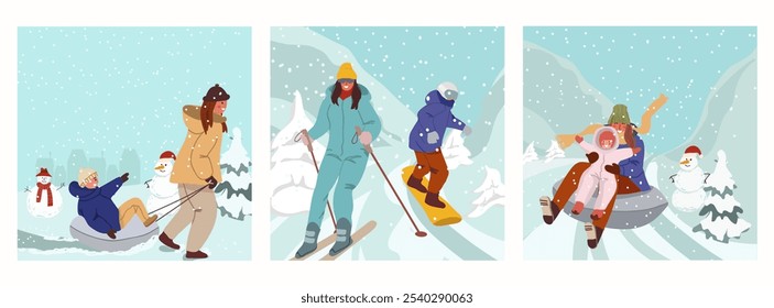 Set of winter illustrations, winter sports, activities, time with family. Hand drawn color flat vector illustration. Hand drawn vector illustration.