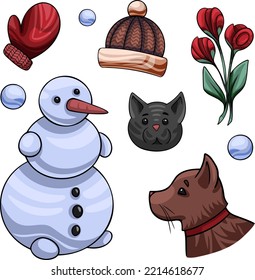A set of winter items, cute stickers with a snowman and warm clothes and animals