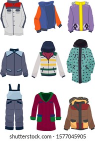 Set of winter jackets for boys, beautiful, different models, isolated on white background.