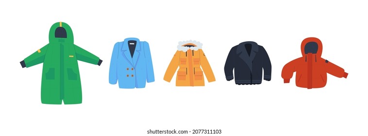 Set of winter jackets. Down jackets, sheepskin coat, eco fur coat on white background. Flat vector illustration.