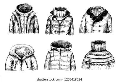 Set of winter jackets. Hand drawn sketch illustration. Vector