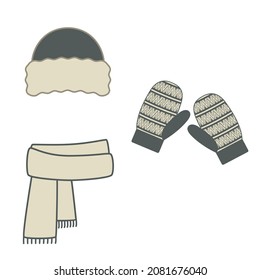 A set of winter knitted accessories - a beanie hat, scarf and mittens. Vector flat illustration isolated on white background