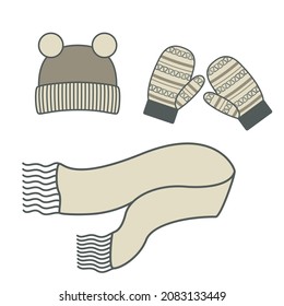 A set of winter knitted accessories - a beanie hat, scarf and mittens. Vector flat illustration isolated on white background