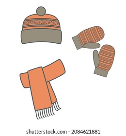 A set of winter knitted accessories - a beanie hat, scarf and mittens. Vector flat illustration isolated on white background