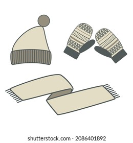 Un juego de accesorios de punto de invierno - un sombrero de beanie, bufanda y mitones. Ilustración plana del vector aislada en fondo blanco