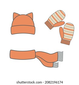 A set of winter knitted accessories - a hat, scarf and mittens. Vector flat illustration isolated on white background