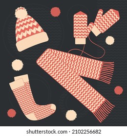 A set of winter knitted accessories. Hat, mittens, scarf and socks. Vector illustration.