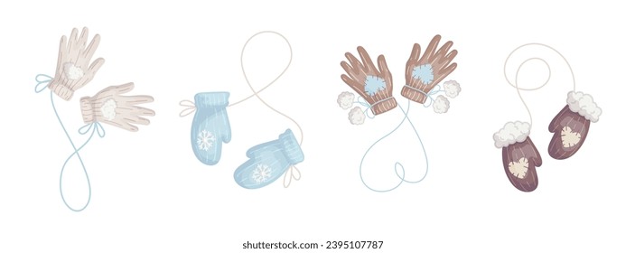 Set of winter, knitted fur mittens, gloves. Vector graphics.