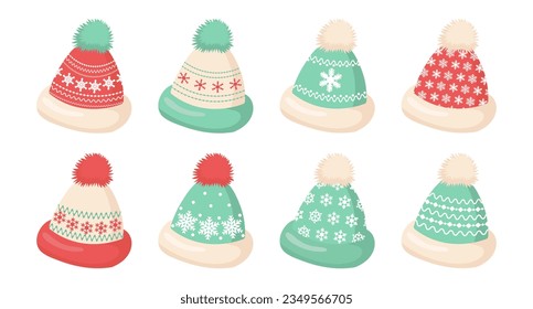 Set of winter knitted hats with bumbons, hats with snowflake ornament. Decor elements, vector	
