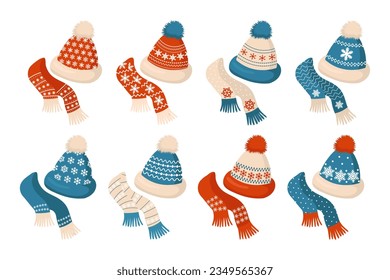 A set of winter knitted hats and scarves with an ornament of snowflakes. Decor elements, vector	