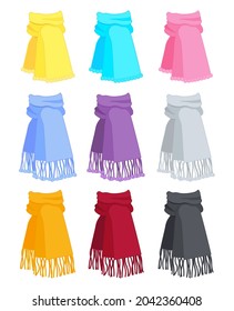 Winterschals in verschiedenen Farben gestalten. Der Stil des Neujahrs. 3 verschiedene Farboptionen. Mit Pompoms, mit Fäden und langen Pompoms. Scarf am Hals gebunden. Gelb, blau, rosa, rot.