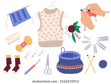 Set of winter knitwear and knitting tools isolated on white background - woolen vest, socks, needles, hook, yarn. Flat cartoon vector illustration