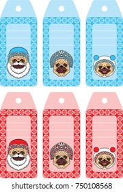 A set of winter labels pugs dog in suits of New Year characters for congratulations, gifts and price tags.