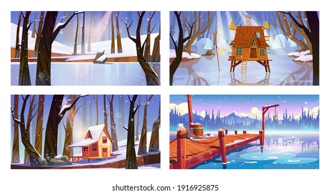 Set of winter landscape backgrounds with wooden houses, frozen swamp, forest lake and pier. Shack on piles in deep wood, witch hut, computer game wintertime natural scenes, Cartoon vector illustration